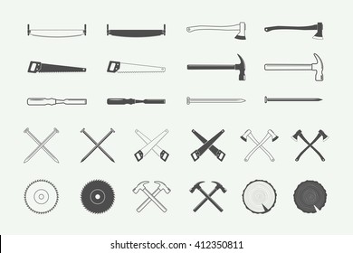 Set of vintage carpentry and mechanic labels, emblems, logo and design elements. Vector Illustration
