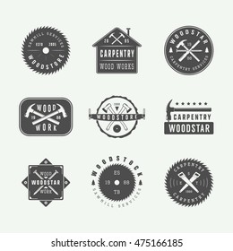 Set of vintage carpentry and mechanic labels, emblems and logo. Graphic Art. Vector Illustration.

