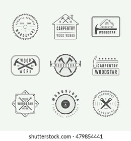 Set of vintage carpentry and mechanic labels, emblems and logo. Graphic Art. Vector Illustration.

