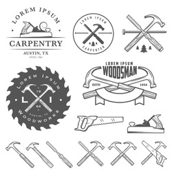 Set Of Vintage Carpentry Tools, Labels And Design Elements