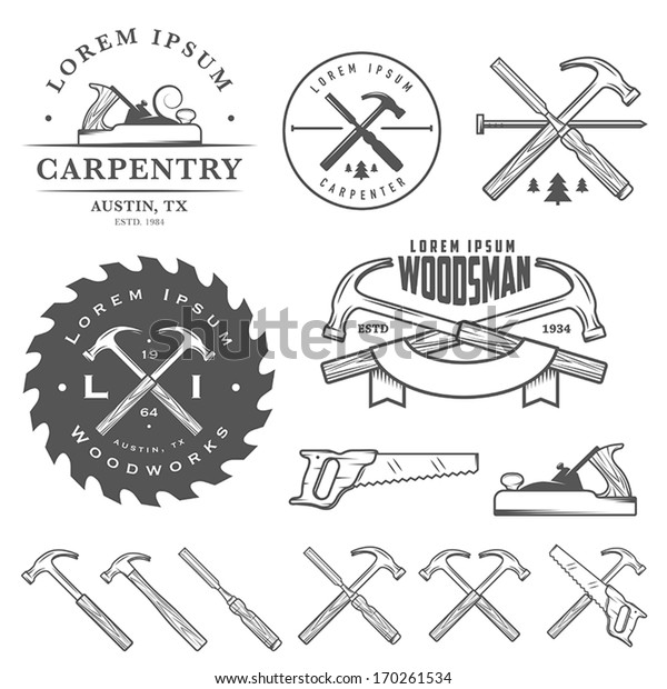 Set of vintage carpentry tools, labels and\
design elements