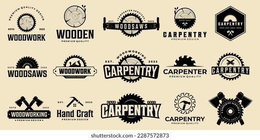 Conjunto de ilustraciones de diseño del logotipo vectorial de carpintería vintage,etiqueta de trabajos de madera