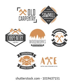 Set of vintage carpentry, woodwork and mechanic labels, badges, emblems and logo.