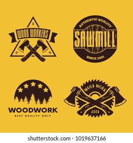 Set of vintage carpentry, woodwork and mechanic labels, badges, emblems and logo.