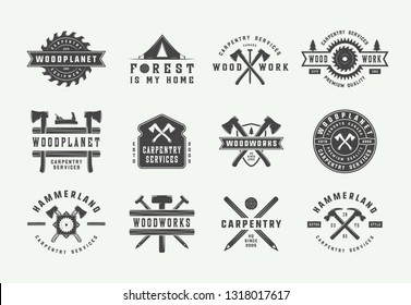 Set of vintage carpentry, woodwork and mechanic labels, badges, emblems and logo. Vector illustration. Monochrome Graphic Art.
