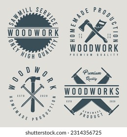 Set of vintage carpentry, woodwork, mechanic labels, badges, emblems, and logos. Monochrome Graphic Art.