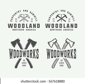 Set of vintage carpentry, woodwork and mechanic labels, badges, emblems and logo. Vector illustration. Monochrome Graphic Art.

