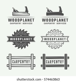 Set of vintage carpentry, woodwork and mechanic labels, badges, emblems and logo. Vector illustration. Monochrome Graphic Art.

