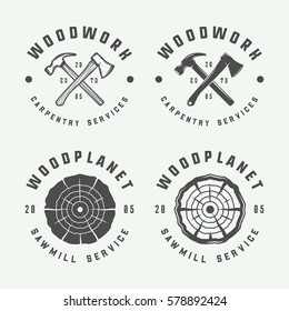 Set of vintage carpentry, woodwork and mechanic labels, badges, emblems and logo. Vector illustration. Monochrome Graphic Art.

