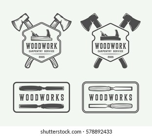 Set of vintage carpentry, woodwork and mechanic labels, badges, emblems and logo. Vector illustration. Monochrome Graphic Art.

