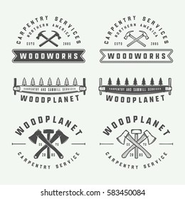 Set of vintage carpentry, woodwork and mechanic labels, badges, emblems and logo. Vector illustration. Monochrome Graphic Art.

