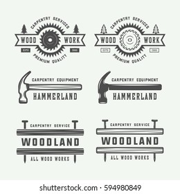 Set of vintage carpentry, woodwork and mechanic labels, badges, emblems and logo. Vector illustration. Monochrome Graphic Art.

