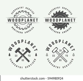 Set of vintage carpentry, woodwork and mechanic labels, badges, emblems and logo. Vector illustration. Monochrome Graphic Art.

