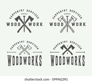 Set of vintage carpentry, woodwork and mechanic labels, badges, emblems and logo. Vector illustration. Monochrome Graphic Art.

