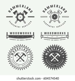 Set of vintage carpentry, woodwork and mechanic labels, badges, emblems and logo. Vector illustration. Monochrome Graphic Art.

