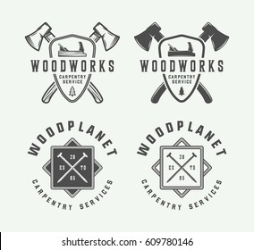 Set of vintage carpentry, woodwork and mechanic labels, badges, emblems and logo. Vector illustration. Monochrome Graphic Art.

