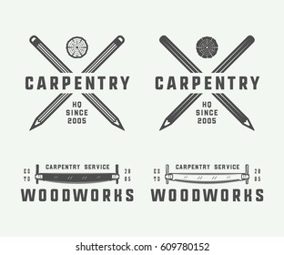 Set of vintage carpentry, woodwork and mechanic labels, badges, emblems and logo. Vector illustration. Monochrome Graphic Art.

