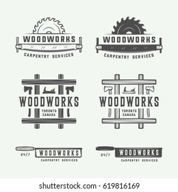 Set of vintage carpentry, woodwork and mechanic labels, badges, emblems and logo. Vector illustration. Monochrome Graphic Art.

