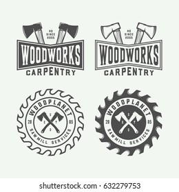 Set of vintage carpentry, woodwork and mechanic labels, badges, emblems and logo. Vector illustration. Monochrome Graphic Art.

