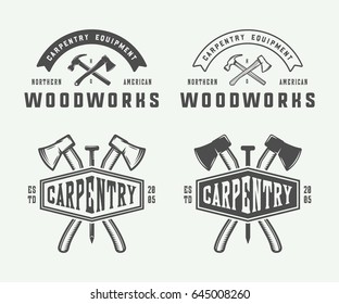 Set of vintage carpentry, woodwork and mechanic labels, badges, emblems and logo. Vector illustration. Monochrome Graphic Art.

