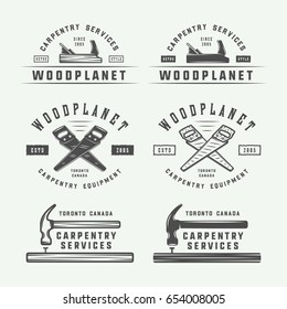 Set of vintage carpentry, woodwork and mechanic labels, badges, emblems and logo. Vector illustration. Monochrome Graphic Art.

