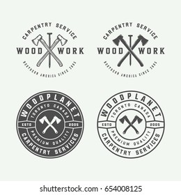 Set of vintage carpentry, woodwork and mechanic labels, badges, emblems and logo. Vector illustration. Monochrome Graphic Art.

