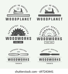 Set of vintage carpentry, woodwork and mechanic labels, badges, emblems and logo. Vector illustration. Monochrome Graphic Art.

