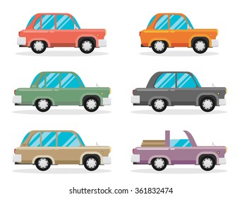 set of vintage cars, vector flat style