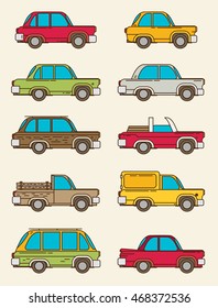 set of vintage cars, vector flat style