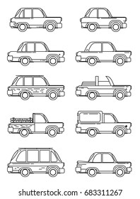 set of vintage cars, vector flat style