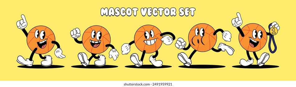 Set of vintage cartoon basketball mascots. Different poses and expressions. 