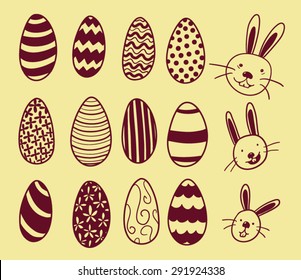 Set of vintage cartoon easter eggs and bunnies