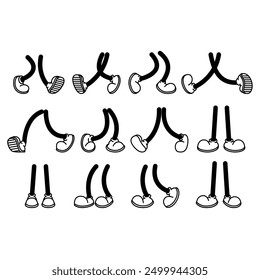 Set of vintage cartoon feet in shoes. Cartoon boot. Comic retro feet in different poses. Vector illustrations