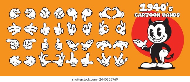 set of vintage cartoon hands, collection of comic gloves for mascot design. Vector illustration