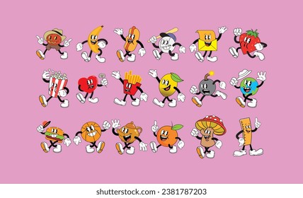 set of vintage cartoon mascots, vector illustration, retro groovy set with coffee mascot, cartoon characters, funny colorful doodle style characters