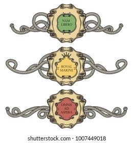 Set of Vintage Cartouche frames with marine ropes. Heraldic elements isolated on white. Vector illustration.