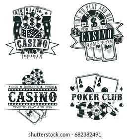 Set of Vintage casino logo designs,  grange print stamps, creative poker typography emblems, Vector