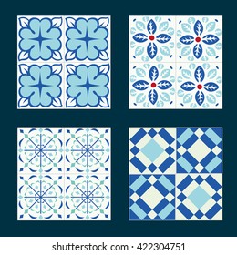 Set of vintage ceramic tiles in azulejo design with blue patterns