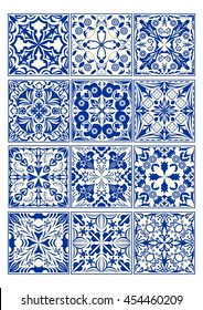 Set of vintage ceramic tiles in azulejo design with blue patterns on white background, traditional Spain and Portugal pottery, majolica