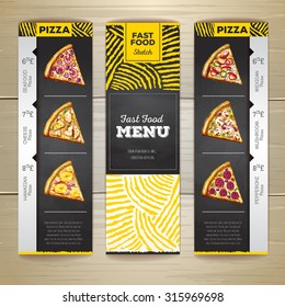 Set of vintage chalk drawing fast food menu banners. Pizza sketch