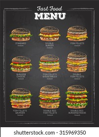 Set of Vintage chalk drawing Sandwich sketch. fast food menu. 