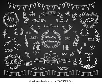 Set of vintage chalk hand drawn decoration elements for wedding invitations. Doodle style. Vector eps10.