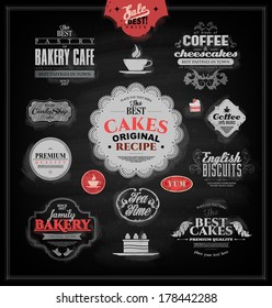 Set of vintage chalkboard bakery badges, icons, tags and labels for retro design 