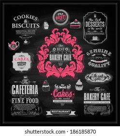 Set of vintage chalkboard bakery badges, icons, tags and labels for retro design 