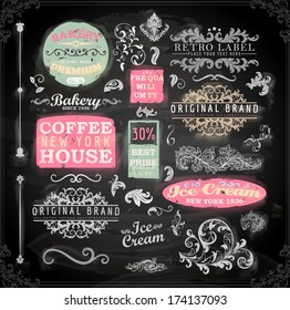 Set of vintage chalkboard bakery logo badges and labels for retro design. Chalkboard illustration variant.