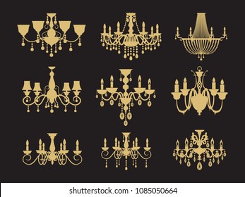 Set of vintage chandeliers isolated on black background. Vector lamp for interior, antique and luxury illustration