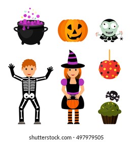Set of vintage characters and elements for Halloween in cartoon style. Flat vector illustration isolate on a white background.