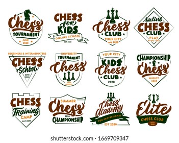 Set of vintage Chess emblems and stamps. Colorful badges, templates, stickers on white background isolated. Collection of retro logos, hand-drawn text, phrases. Vector illustration