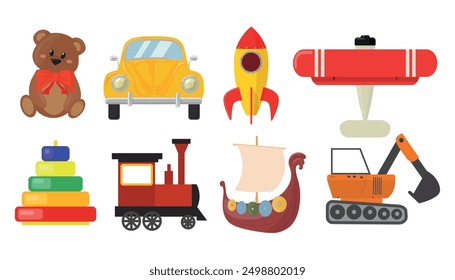 Conjunto de juguetes vintage de los niños en estilo de dibujos animados. Ilustración vectorial de diferentes juguetes: oso de peluche, coche retro, cohete, helicóptero, pirámide, tren, barco vikingo, excavadora aislada sobre fondo blanco.