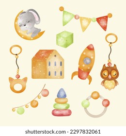
Set of vintage children's toys watercolor. Isolate, clipart. Vector image.